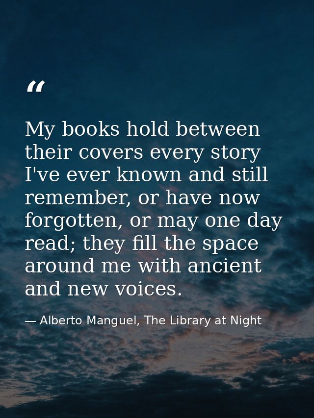 My books hold between their covers every story I've ever known and still remember, or have now forgotten, or may one day — Alberto Manguel, The Library at Night