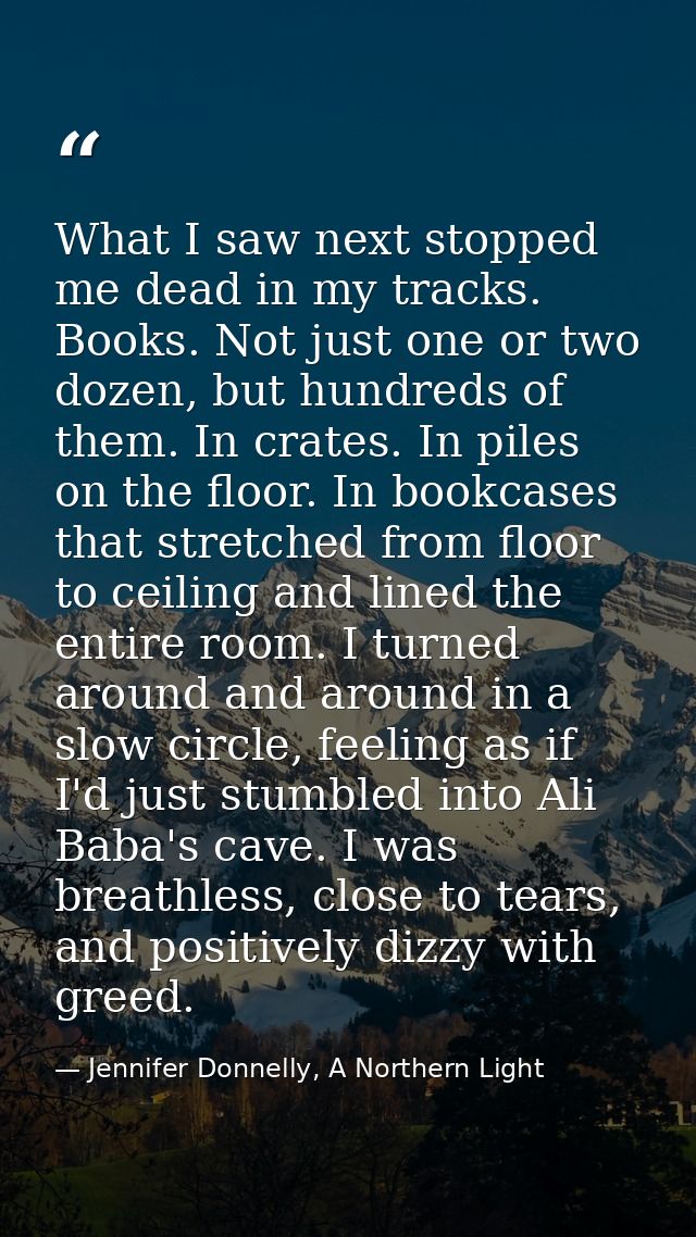 What I saw next stopped me dead in my tracks. Books. Not just one or two dozen, but hundreds of them. In crates. In pile — Jennifer Donnelly, A Northern Light