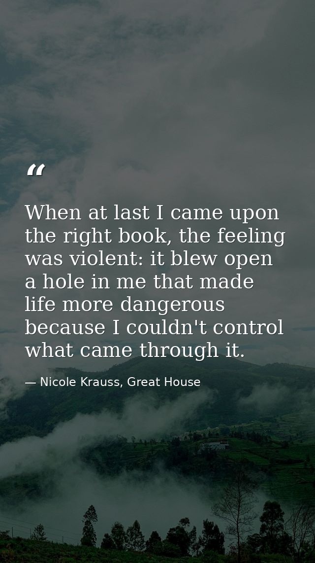 When at last I came upon the right book, the feeling was violent: it blew open a hole in me that made life more dangerou — Nicole Krauss, Great House