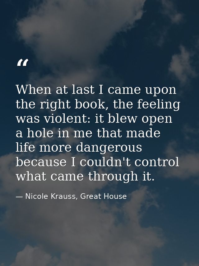 When at last I came upon the right book, the feeling was violent: it blew open a hole in me that made life more dangerou — Nicole Krauss, Great House