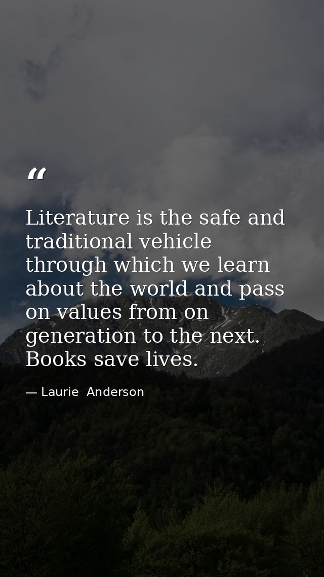 Literature is the safe and traditional vehicle through which we learn about the world and pass on values from on generat — Laurie  Anderson