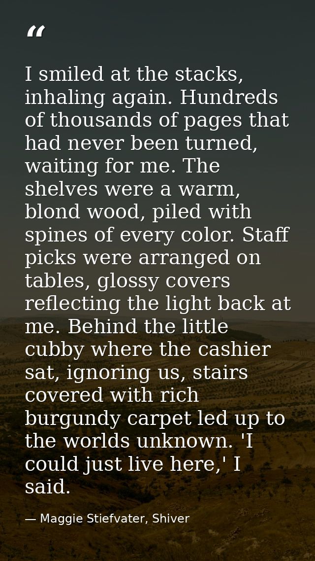 I smiled at the stacks, inhaling again. Hundreds of thousands of pages that had never been turned, waiting for me. The s — Maggie Stiefvater, Shiver