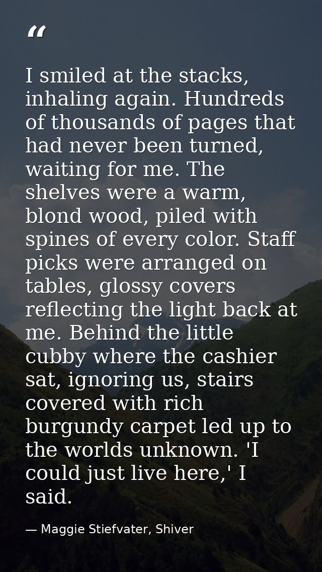 I smiled at the stacks, inhaling again. Hundreds of thousands of pages that had never been turned, waiting for me. The s — Maggie Stiefvater, Shiver