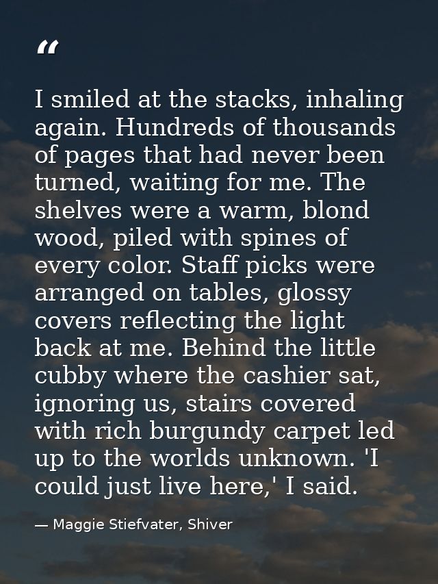 I smiled at the stacks, inhaling again. Hundreds of thousands of pages that had never been turned, waiting for me. The s — Maggie Stiefvater, Shiver