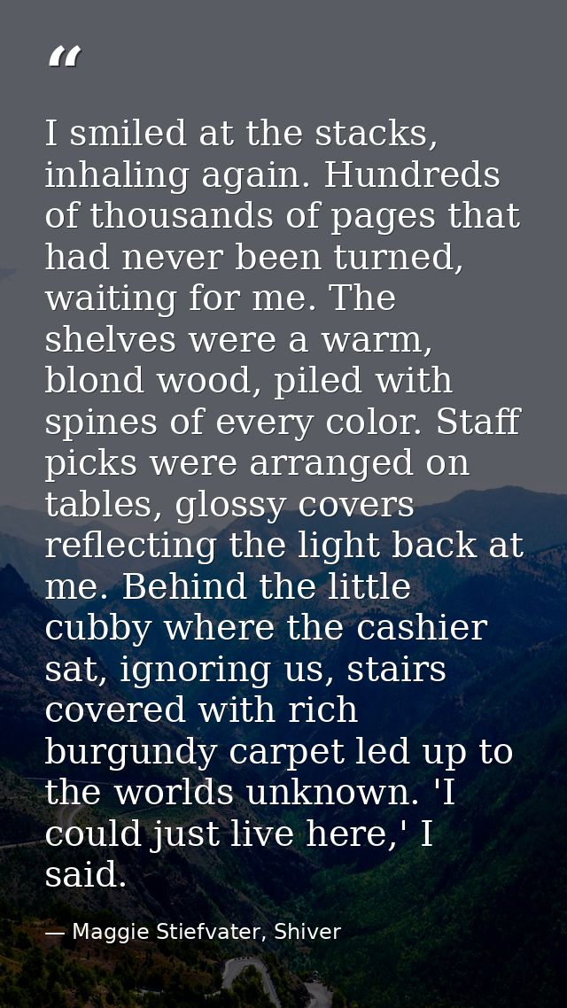 I smiled at the stacks, inhaling again. Hundreds of thousands of pages that had never been turned, waiting for me. The s — Maggie Stiefvater, Shiver