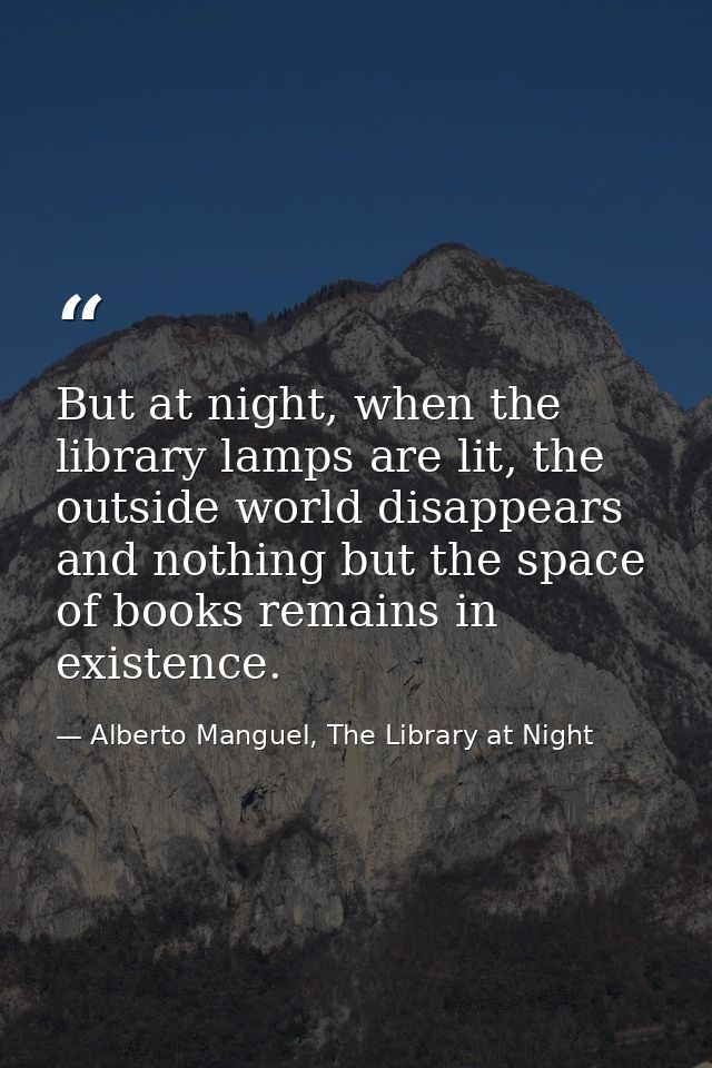 But at night, when the library lamps are lit, the outside world disappears and nothing but the space of books remains in — Alberto Manguel, The Library at Night