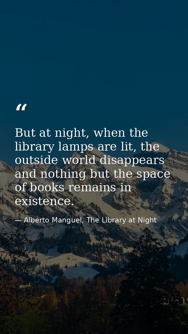 But at night, when the library lamps are lit, the outside world disappears and nothing but the space of books remains in — Alberto Manguel, The Library at Night