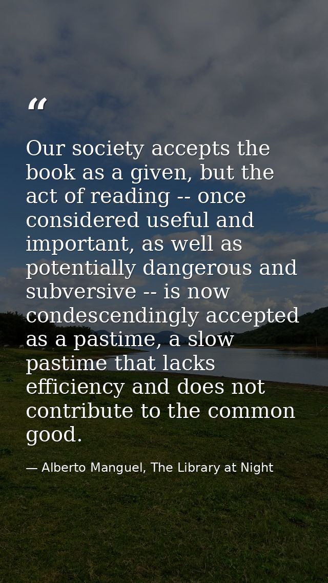 Our society accepts the book as a given, but the act of reading -- once considered useful and important, as well as pote — Alberto Manguel, The Library at Night