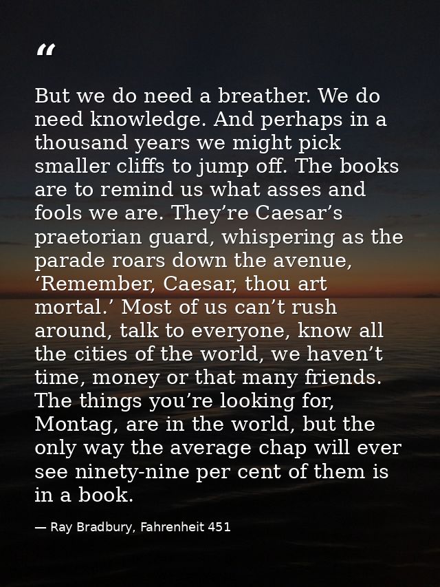 But we do need a breather. We do need knowledge. And perhaps in a thousand years we might pick smaller cliffs to jump of — Ray Bradbury, Fahrenheit 451
