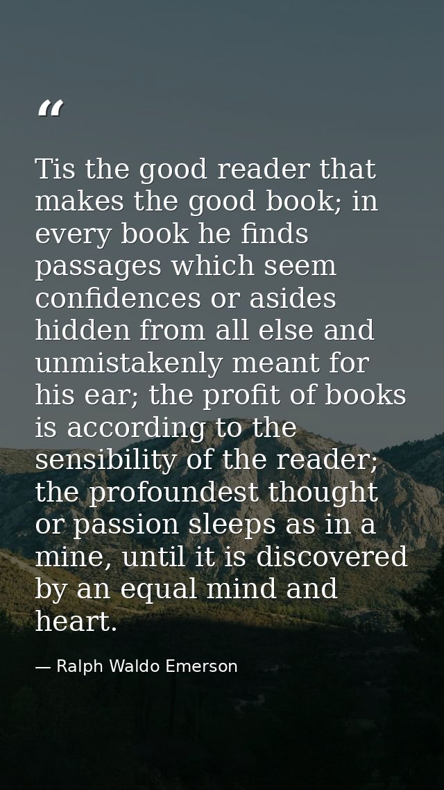 Tis the good reader that makes the good book; in every book he finds passages which seem confidences or asides hidden fr — Ralph Waldo Emerson