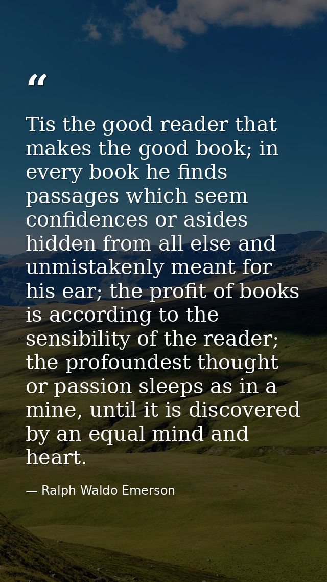 Tis the good reader that makes the good book; in every book he finds passages which seem confidences or asides hidden fr — Ralph Waldo Emerson