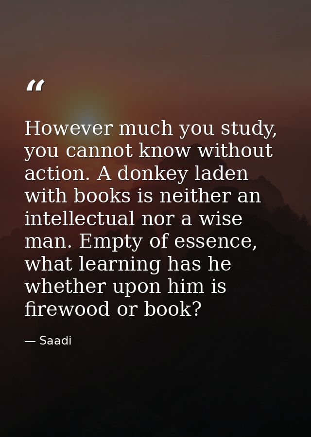 However much you study, you cannot know without action. A donkey laden with books is neither an intellectual nor a wise  — Saadi