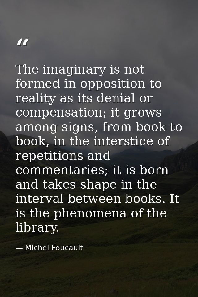 The imaginary is not formed in opposition to reality as its denial or compensation; it grows among signs, from book to b — Michel Foucault