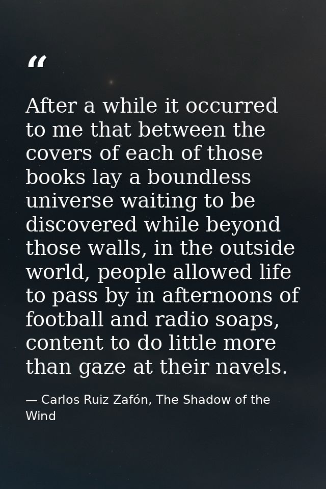After a while it occurred to me that between the covers of each of those books lay a boundless universe waiting to be di — Carlos Ruiz Zafón, The Shadow of the Wind