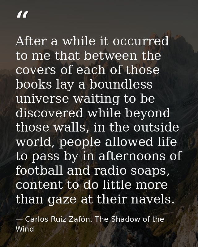 After a while it occurred to me that between the covers of each of those books lay a boundless universe waiting to be di — Carlos Ruiz Zafón, The Shadow of the Wind