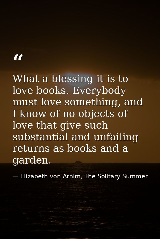 What a blessing it is to love books. Everybody must love something, and I know of no objects of love that give such subs — Elizabeth von Arnim, The Solitary Summer