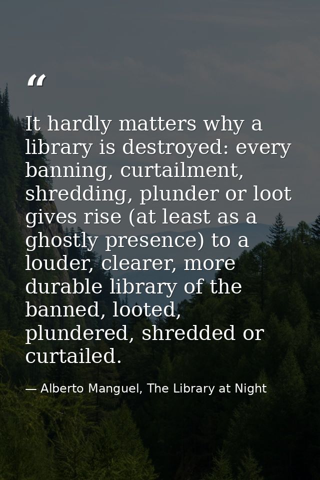 It hardly matters why a library is destroyed: every banning, curtailment, shredding, plunder or loot gives rise (at leas — Alberto Manguel, The Library at Night