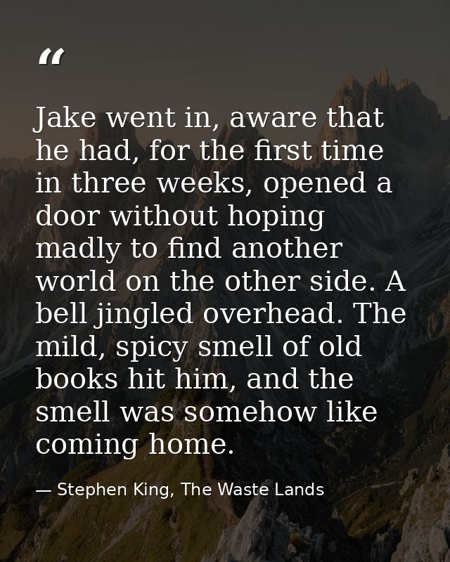 Jake went in, aware that he had, for the first time in three weeks, opened a door without hoping madly to find another w — Stephen King, The Waste Lands