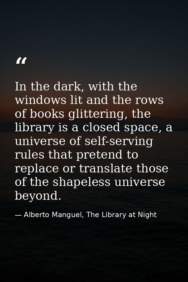 In the dark, with the windows lit and the rows of books glittering, the library is a closed space, a universe of self-se — Alberto Manguel, The Library at Night