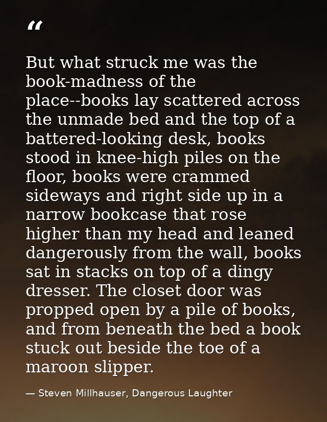 But what struck me was the book-madness of the place--books lay scattered across the unmade bed and the top of a battere — Steven Millhauser, Dangerous Laughter
