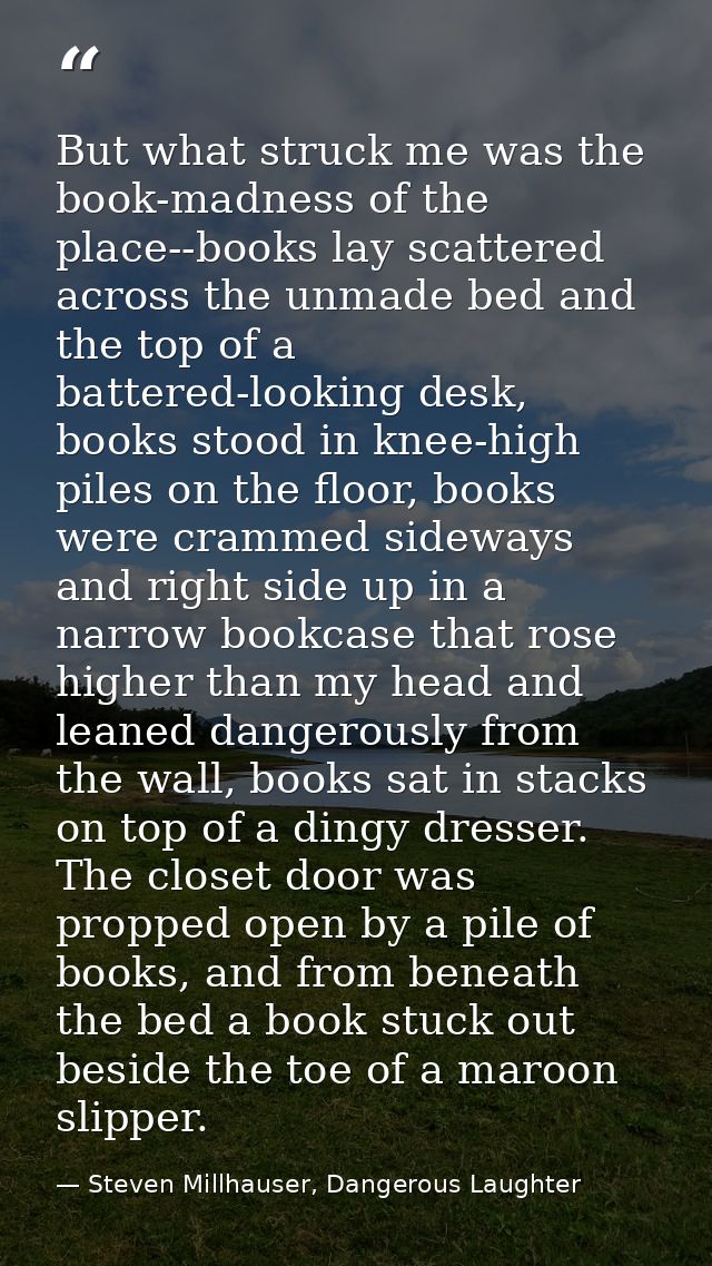 But what struck me was the book-madness of the place--books lay scattered across the unmade bed and the top of a battere — Steven Millhauser, Dangerous Laughter
