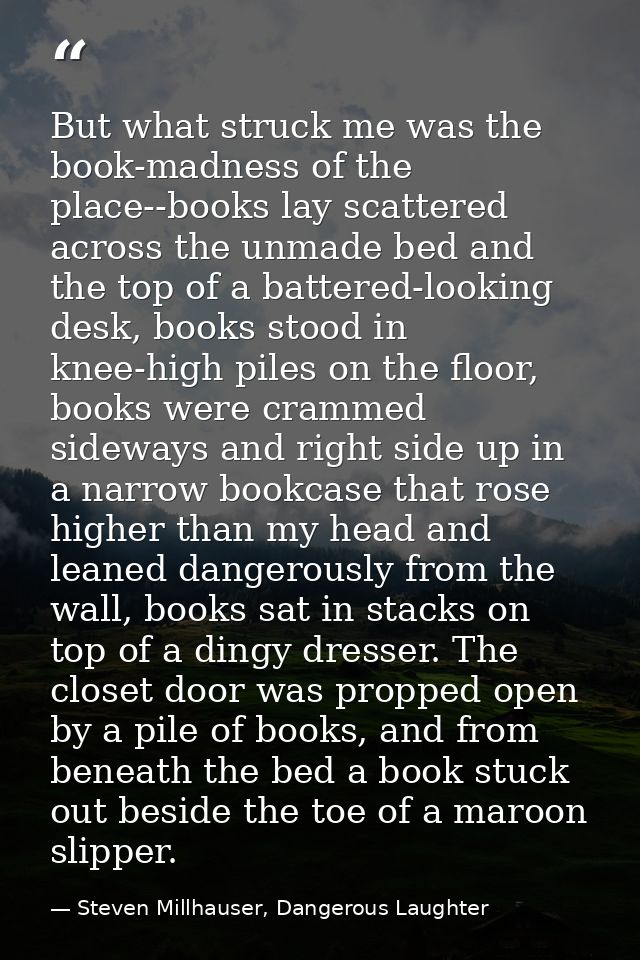 But what struck me was the book-madness of the place--books lay scattered across the unmade bed and the top of a battere — Steven Millhauser, Dangerous Laughter