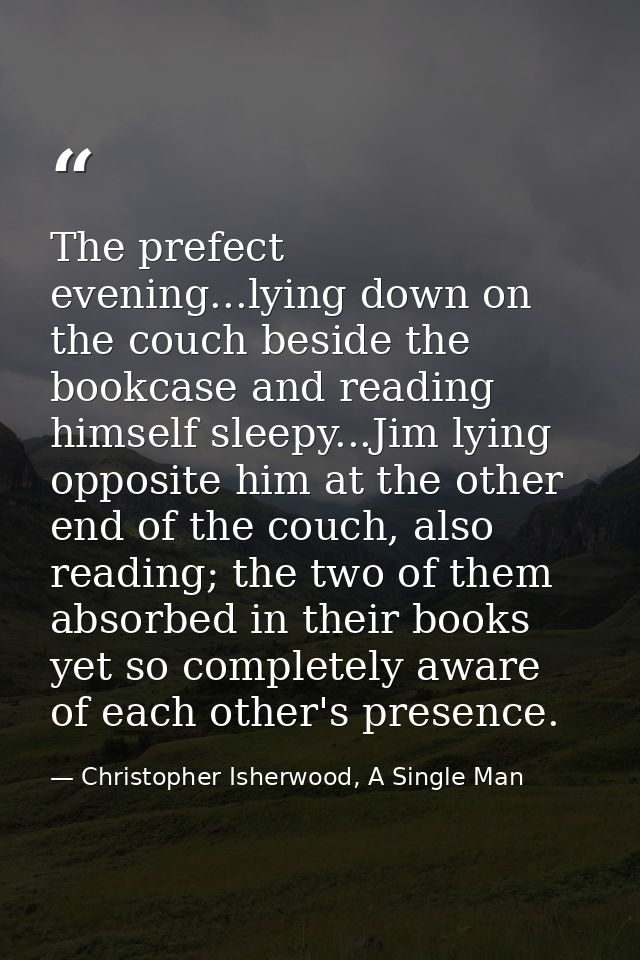 The prefect evening...lying down on the couch beside the bookcase and reading himself sleepy...Jim lying opposite him at — Christopher Isherwood, A Single Man