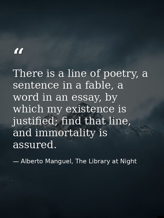 There is a line of poetry, a sentence in a fable, a word in an essay, by which my existence is justified; find that line — Alberto Manguel, The Library at Night