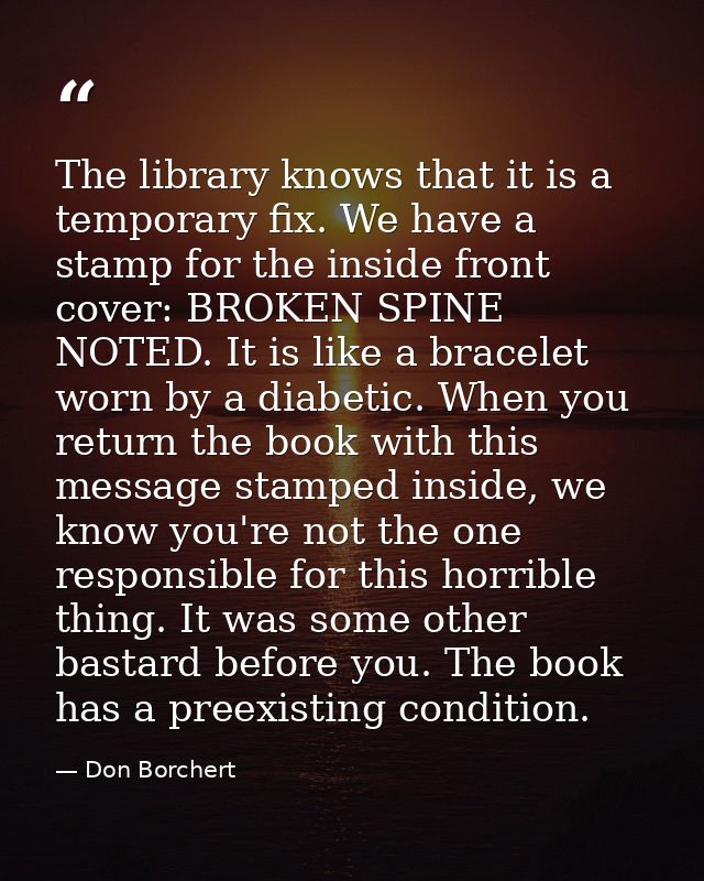 The library knows that it is a temporary fix. We have a stamp for the inside front cover: BROKEN SPINE NOTED. It is like — Don Borchert