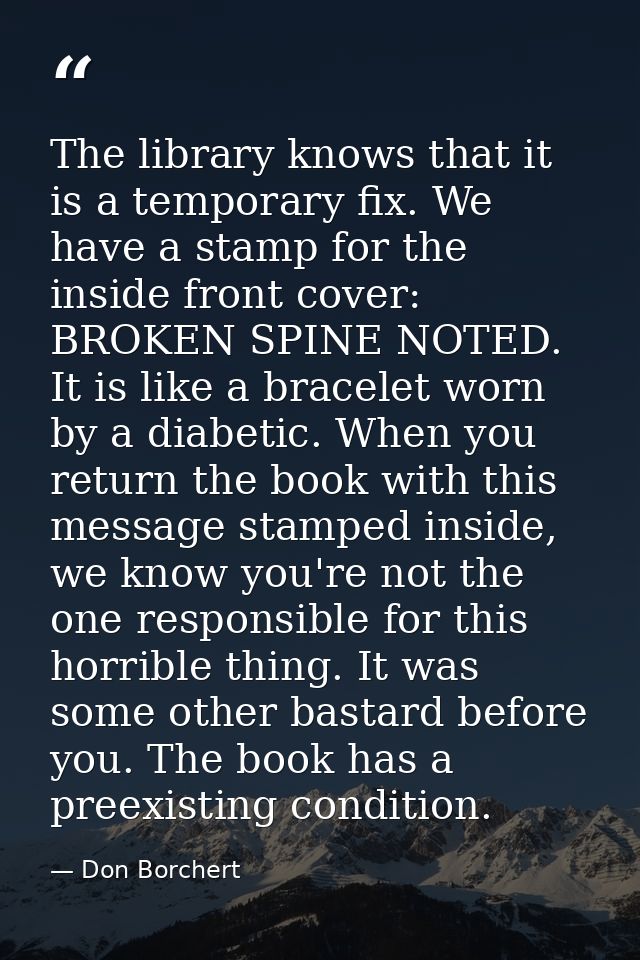 The library knows that it is a temporary fix. We have a stamp for the inside front cover: BROKEN SPINE NOTED. It is like — Don Borchert