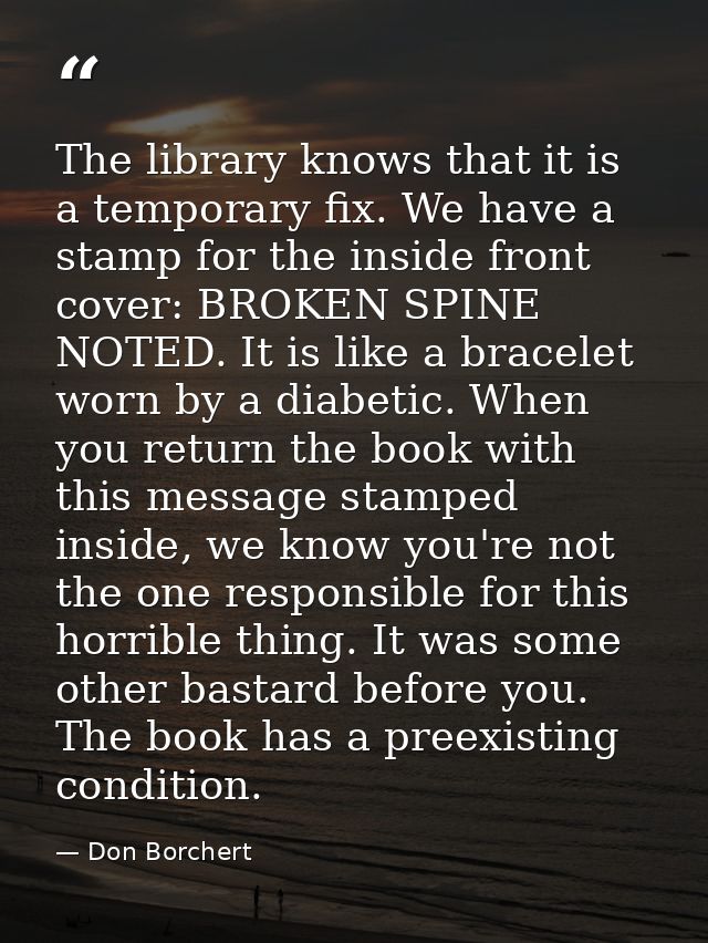The library knows that it is a temporary fix. We have a stamp for the inside front cover: BROKEN SPINE NOTED. It is like — Don Borchert