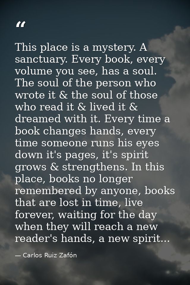 This place is a mystery. A sanctuary. Every book, every volume you see, has a soul. The soul of the person who wrote it  — Carlos Ruiz Zafón