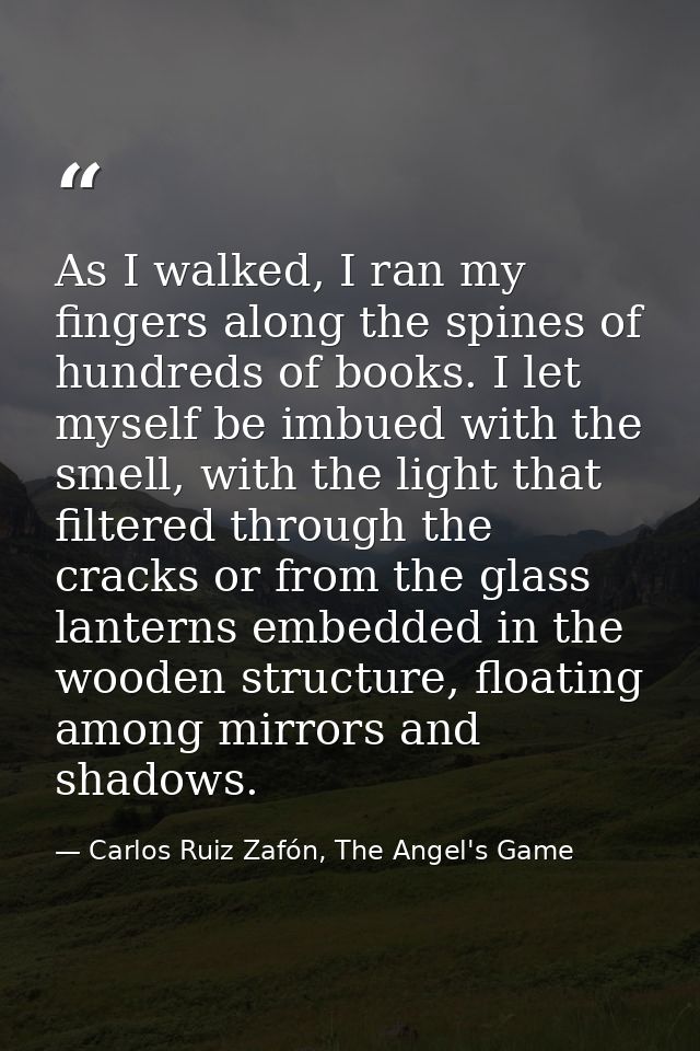 As I walked, I ran my fingers along the spines of hundreds of books. I let myself be imbued with the smell, with the lig — Carlos Ruiz Zafón, The Angel's Game