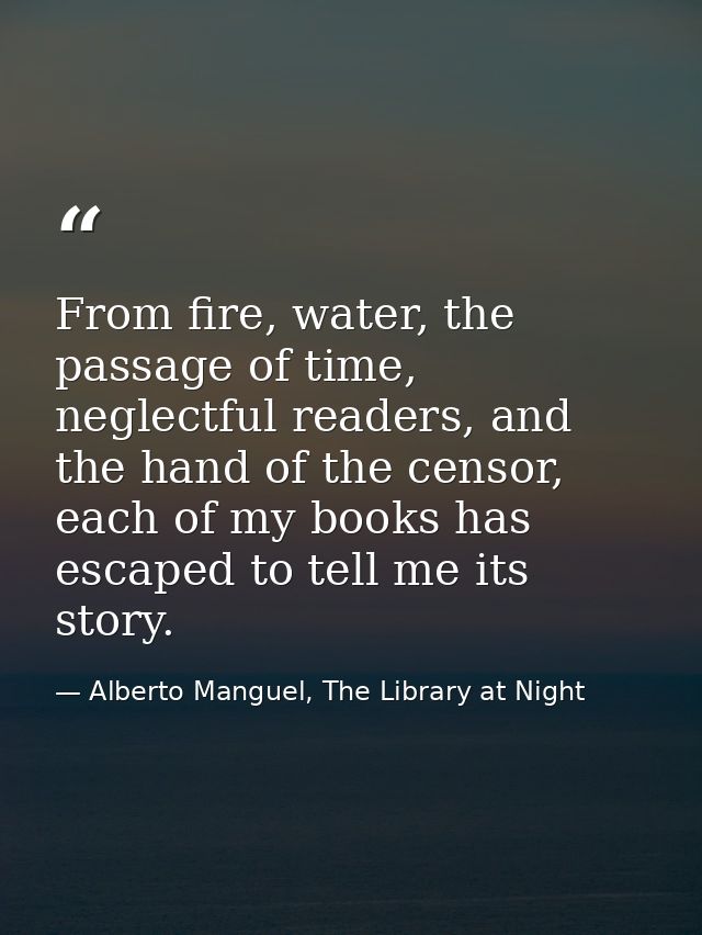 From fire, water, the passage of time, neglectful readers, and the hand of the censor, each of my books has escaped to t — Alberto Manguel, The Library at Night