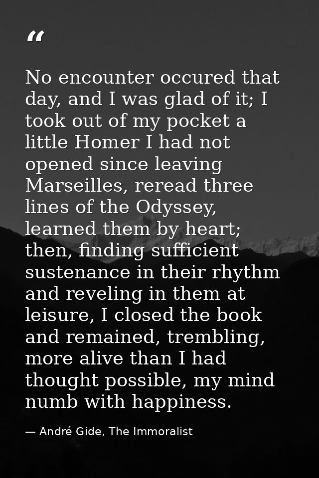 No encounter occured that day, and I was glad of it; I took out of my pocket a little Homer I had not opened since leavi — André Gide, The Immoralist