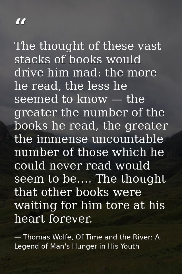 The thought of these vast stacks of books would drive him mad: the more he read, the less he seemed to know — the greate — Thomas Wolfe, Of Time and the River: A Legend of Man's Hunger in His Youth
