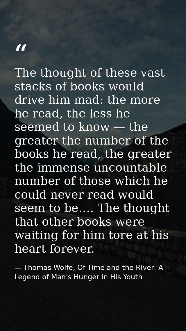 The thought of these vast stacks of books would drive him mad: the more he read, the less he seemed to know — the greate — Thomas Wolfe, Of Time and the River: A Legend of Man's Hunger in His Youth