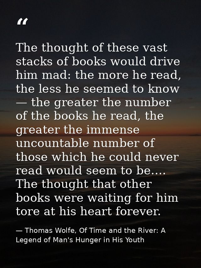 The thought of these vast stacks of books would drive him mad: the more he read, the less he seemed to know — the greate — Thomas Wolfe, Of Time and the River: A Legend of Man's Hunger in His Youth