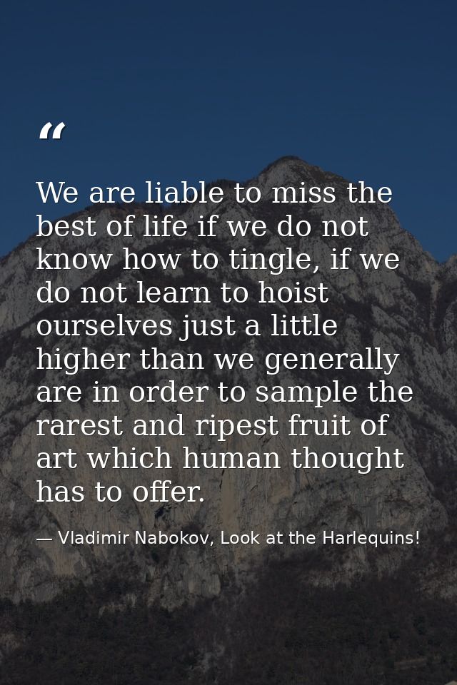 We are liable to miss the best of life if we do not know how to tingle, if we do not learn to hoist ourselves just a lit — Vladimir Nabokov, Look at the Harlequins!