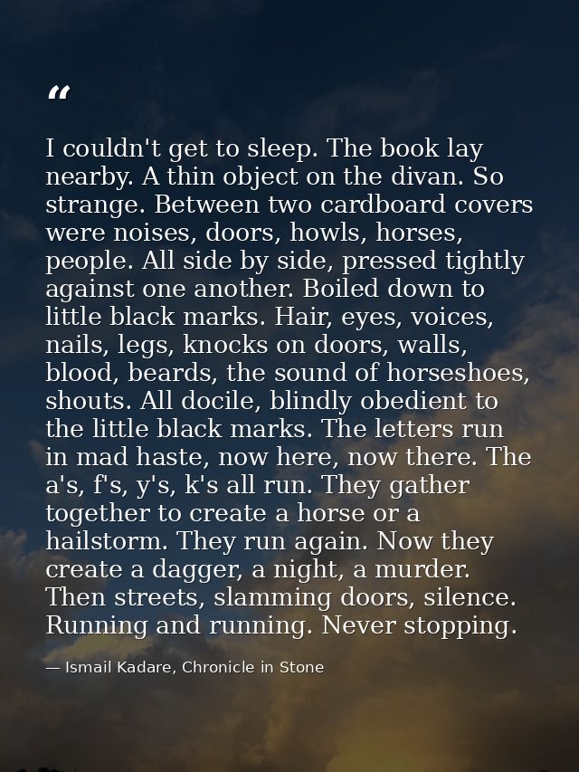 I couldn't get to sleep. The book lay nearby. A thin object on the divan. So strange. Between two cardboard covers were  — Ismail Kadare, Chronicle in Stone