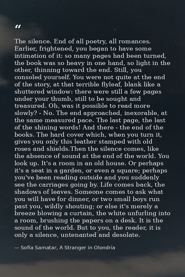 The silence. End of all poetry, all romances. Earlier, frightened, you began to have some intimation of it: so many page — Sofia Samatar, A Stranger in Olondria