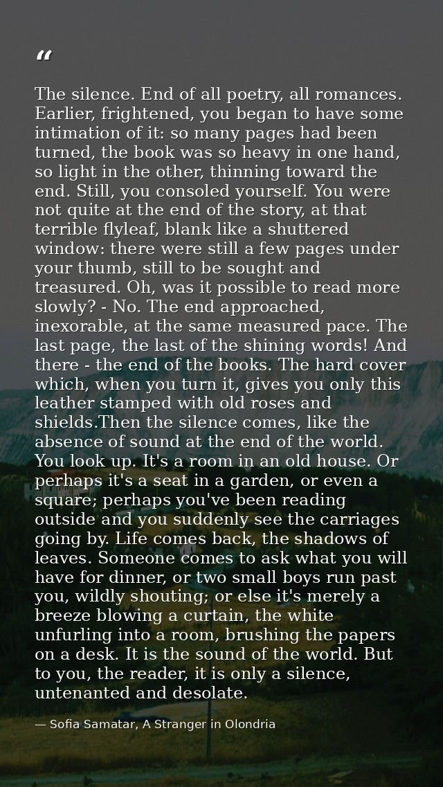 The silence. End of all poetry, all romances. Earlier, frightened, you began to have some intimation of it: so many page — Sofia Samatar, A Stranger in Olondria
