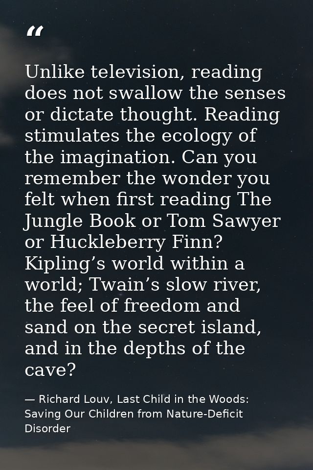 Unlike television, reading does not swallow the senses or dictate thought. Reading stimulates the ecology of the imagina — Richard Louv, Last Child in the Woods: Saving Our Children from Nature-Deficit Disorder
