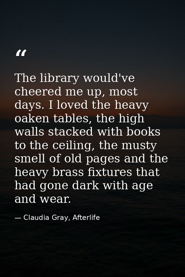 The library would've cheered me up, most days. I loved the heavy oaken tables, the high walls stacked with books to the  — Claudia Gray, Afterlife