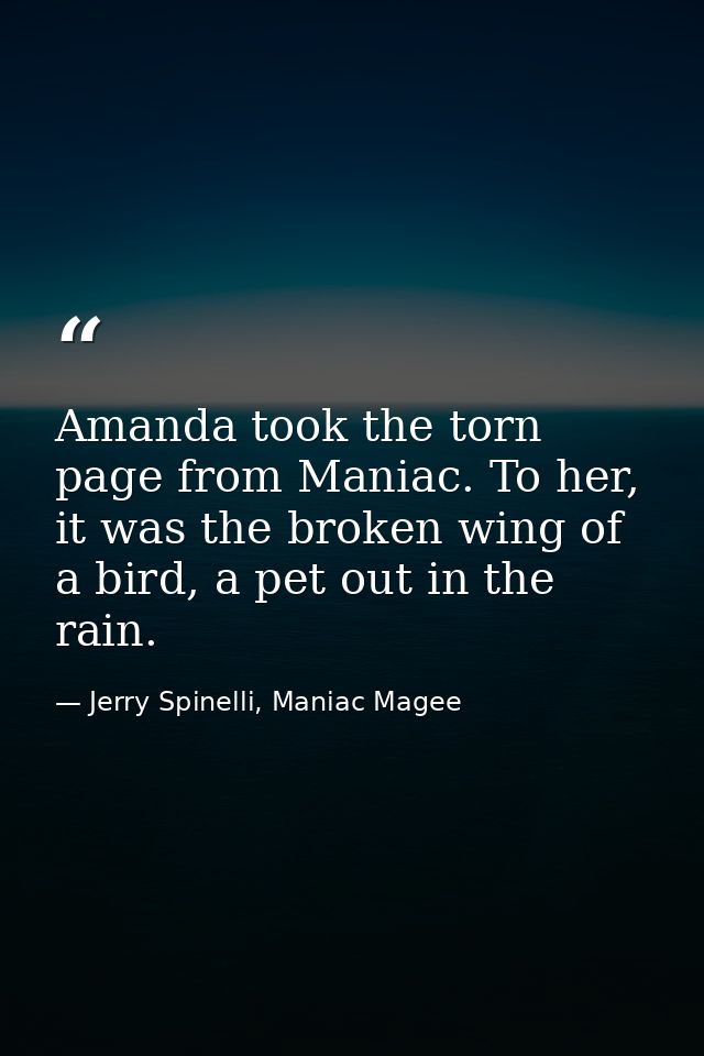 Amanda took the torn page from Maniac. To her, it was the broken wing of a bird, a pet out in the rain. — Jerry Spinelli, Maniac Magee