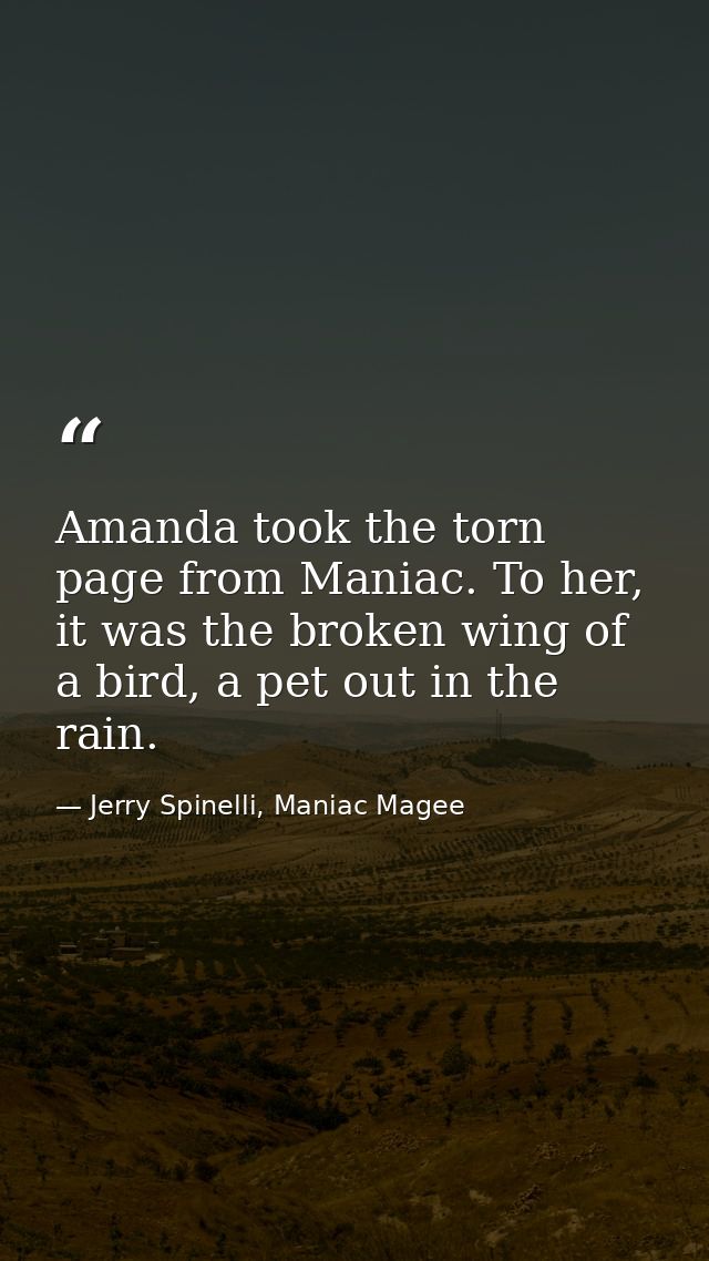 Amanda took the torn page from Maniac. To her, it was the broken wing of a bird, a pet out in the rain. — Jerry Spinelli, Maniac Magee