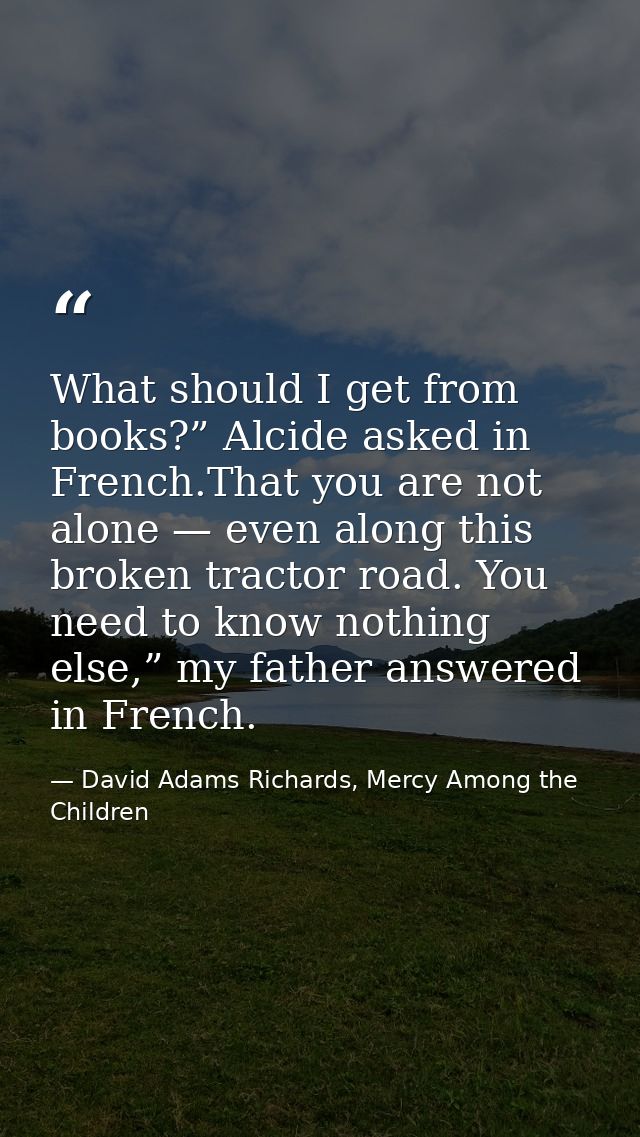 What should I get from books?” Alcide asked in French.That you are not alone — even along this broken tractor road. You  — David Adams Richards, Mercy Among the Children
