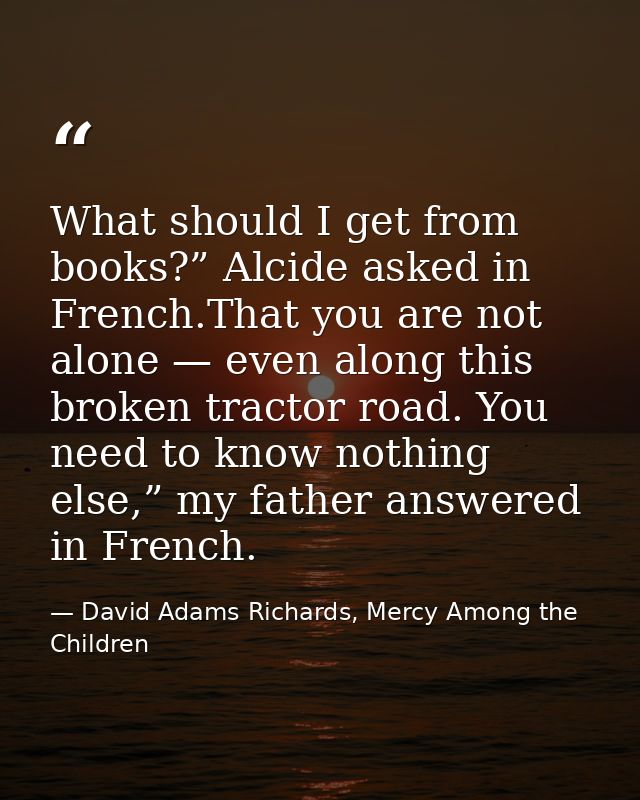 What should I get from books?” Alcide asked in French.That you are not alone — even along this broken tractor road. You  — David Adams Richards, Mercy Among the Children