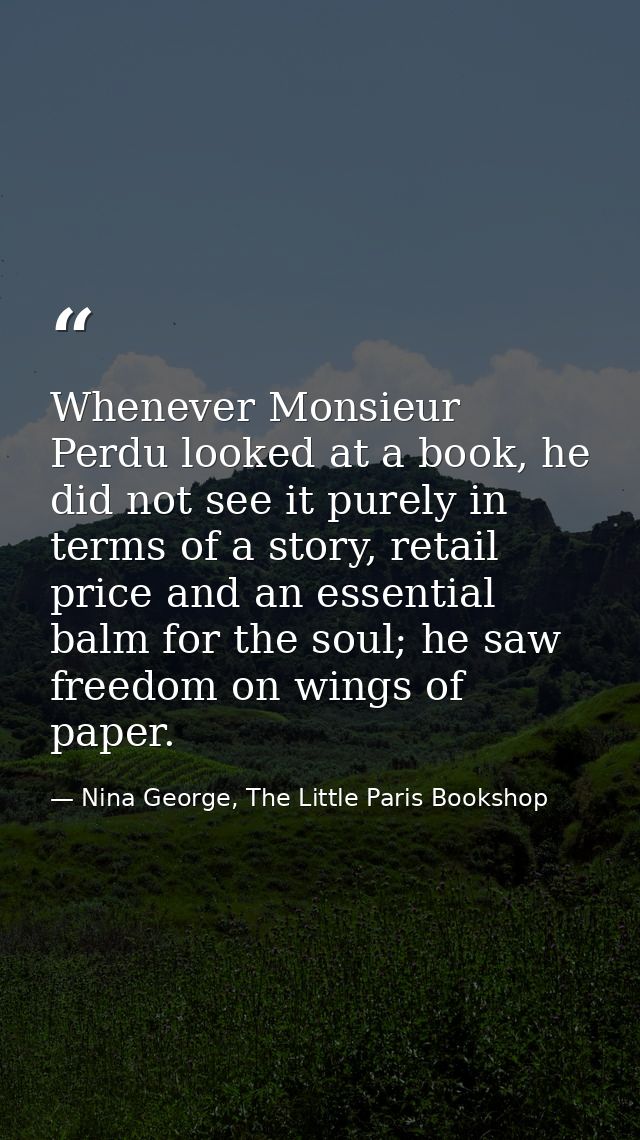 Whenever Monsieur Perdu looked at a book, he did not see it purely in terms of a story, retail price and an essential ba — Nina George, The Little Paris Bookshop