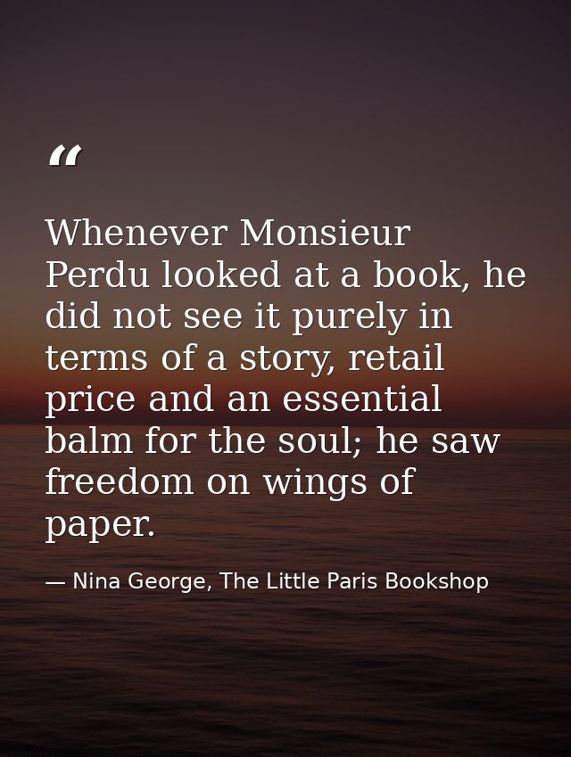 Whenever Monsieur Perdu looked at a book, he did not see it purely in terms of a story, retail price and an essential ba — Nina George, The Little Paris Bookshop